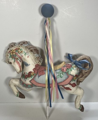 Vintage Fabric Plush Pastel Floral Carousel Horse Decoration w/ Wooden Pole