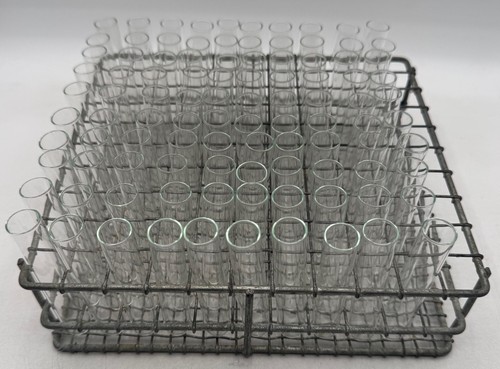 Vintage Laboratory Test Tube Rack 100 Glass Vials Tubes w/ 100 Caps Lab Farm