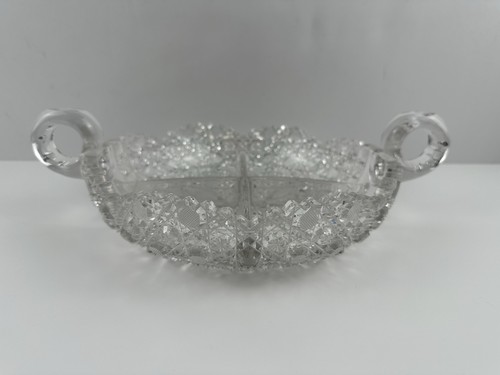 American brilliant cut glass 4 part divided nut relish dish w/ 2 handles - Picture 3 of 10