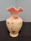 FENTON SIGNED & LIMITED PLEATED BURMESE GLASS VASE w FLOWERS & DRAGONFLY