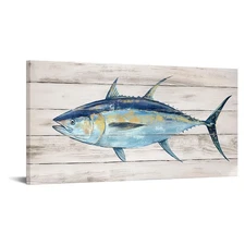 Blue Tuna Fish Canvas Print on Wood Background Ocean Wildlife Artwork for Kit...