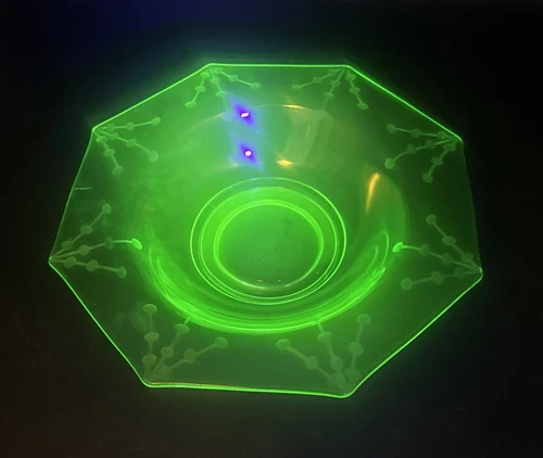 VTG Large Etched Uranium Glass Depression Footed Fruit Serving Bowl 11.5” Glows