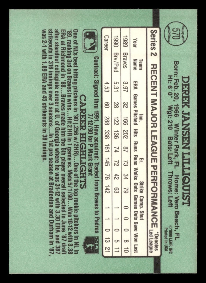 Derek Lilliquist 1991 Donruss #570 San Diego Padres FREE SHIPPING *095 - Image 2 of 2