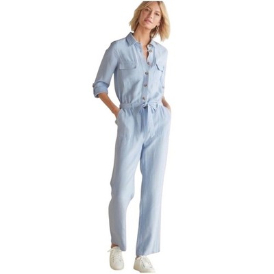 Soft Surroundings Kerry Blue Lyocell Linen Utility Jumpsuit Tie Waist Size 14