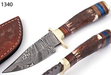 8” CUSTOM HANDMADE DAMASCUS STEEL HUNTING SKINNING KNIFE STAG HANDLE BRASS GUARD