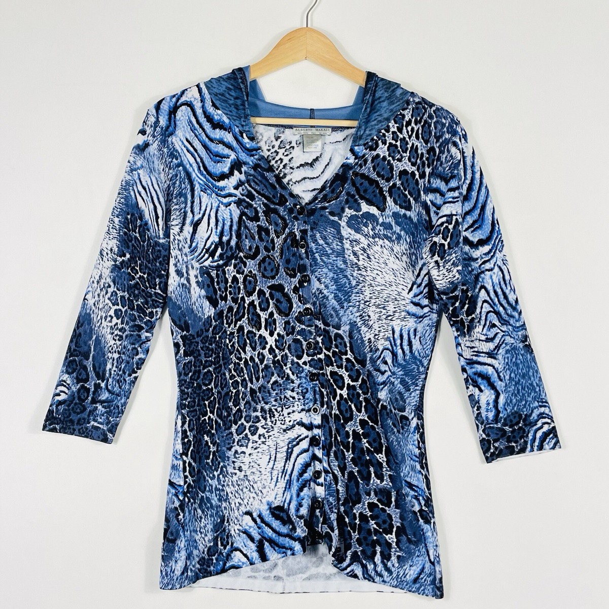 Alberto Makali Blue Beaded Animal Print Hooded Cardigan Sweater