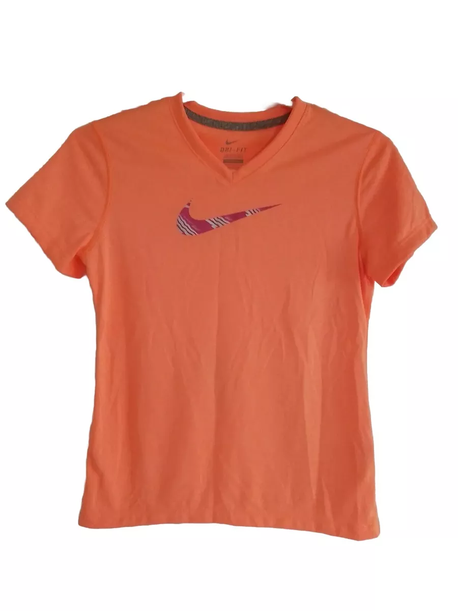 NIKE Dri Fit Girls Bright Orange Purple Logo Size L Large T Shirt 100%  Polyester