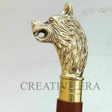Brass WOLF HEAD Handle Victorian Style Wood Walking Brown Stick Cane Vintage