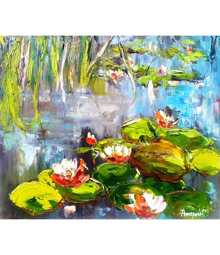Water Lilies Painting Original Art Lotus Atrwork Monet 12 by 10"oil paintin - Picture 4 of 4