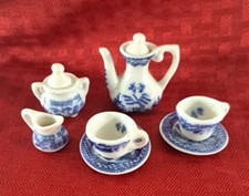 Vintage Dollhouse Tea Coffee Set Ceramic Blue White Asian Willow Landscape 1:12