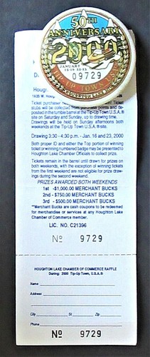TIP UP TOWN Pinback 2000 Houghton Lake, MI. Snowmobile ICE FISHING pin, ticket  