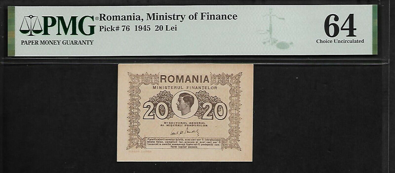Romania 20 Lei 1945 PMG 64 UNC Pick # 76  Ministry of Finance