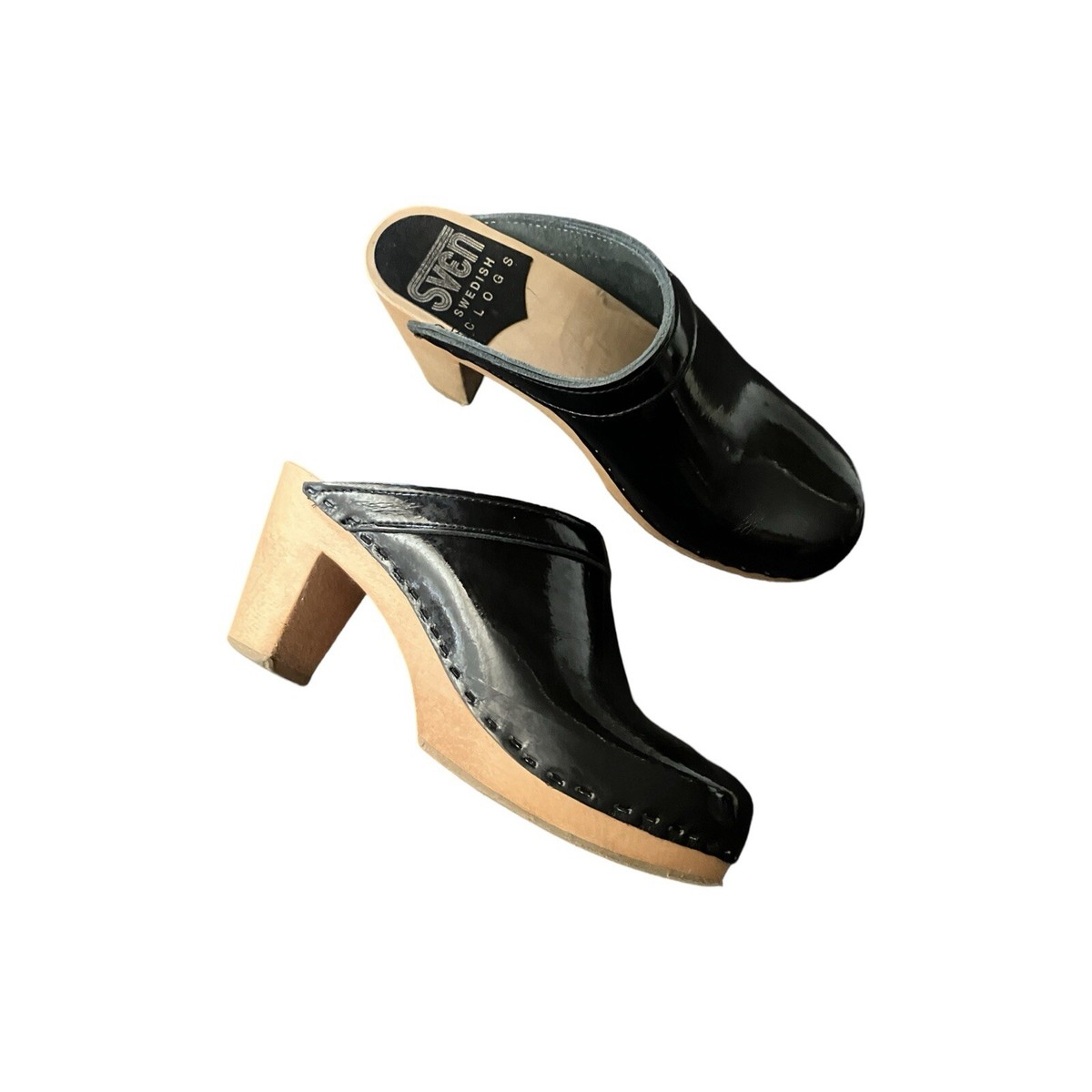 SVEN Black Patent Leather Clogs on Wooden Mid-Heel Base Size 37