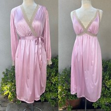 Vintage Peignoir Lingerie Robe Gown Set Rose Pink Tan Lace S/XS Miss Elaine