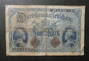 GERMANIA ,GERMANY 1914 REICH  Banconota da 5M. usata