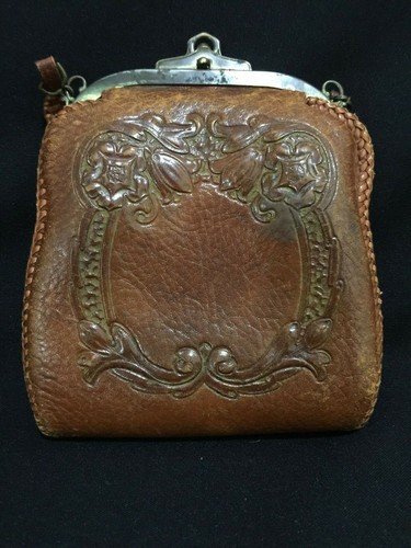 Bolso Art Nouveau Teitzel 1900 de Cuero Labrado con Cartera de Monedas Antiguo - Imagen 2 de 7