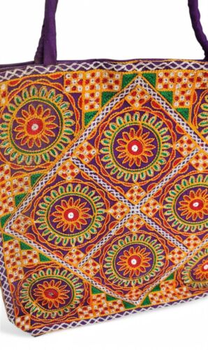Handmade Embroidered Tote Bag - Boho Ethnic Shoulder Handbag Mirror Work Floral - Picture 3 of 5