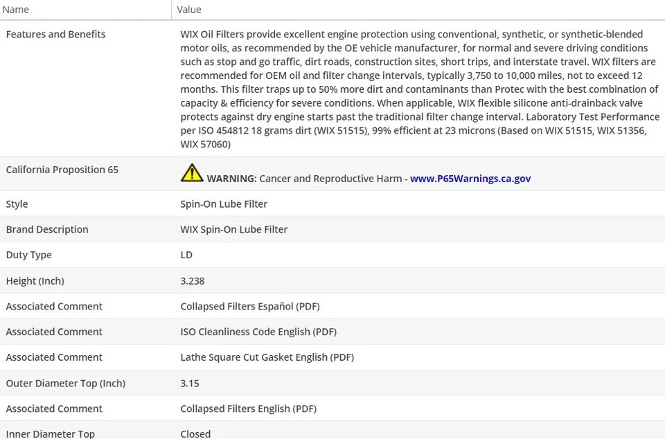 Filtro de aceite de motor OEM WIX para KIA FORTE5 2014-2018 L4-1,6 L Foto 3 de 4