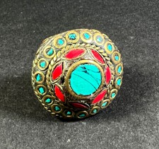 R1024 Handmade size 7.25 Turquoise Coral Resin Brass Fashion Finger Ring Nepal