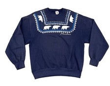 Vintage Flocked Polar Bear Alaska Crewneck Sweater Size Large Blue USA Made