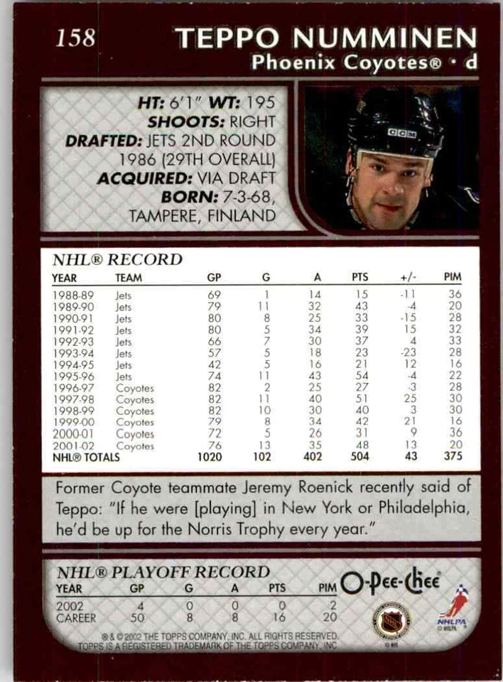 2002-03 O-Pee-Chee Teppo Numminen #158 - Image 2 of 2