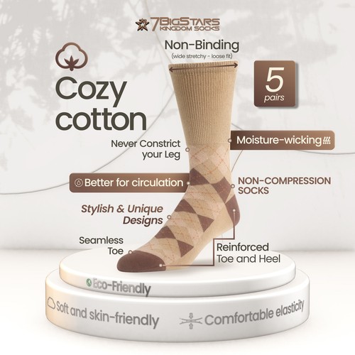 Men Cotton Diabetic Seamless Crew Socks L-XL 5 Pack Brown Blue Beige Navy Khaki - 第 33/51 張圖片
