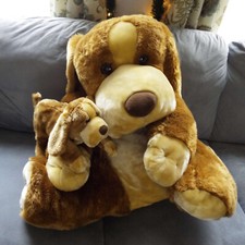 Animal Alley Brown Tan Plush Dog Jumbo W/ Holding Baby Puppy Stuffed Animal Vtg