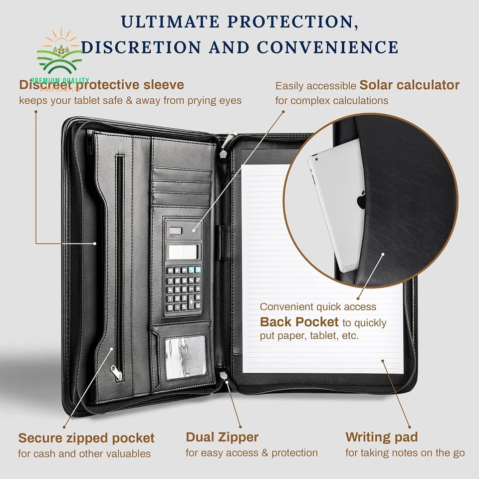 Cartera de negocios de cuero negro con cremallera - Cartera de almohadilla - Funda para tableta de 10,1 pulgadas Foto 4 de 4
