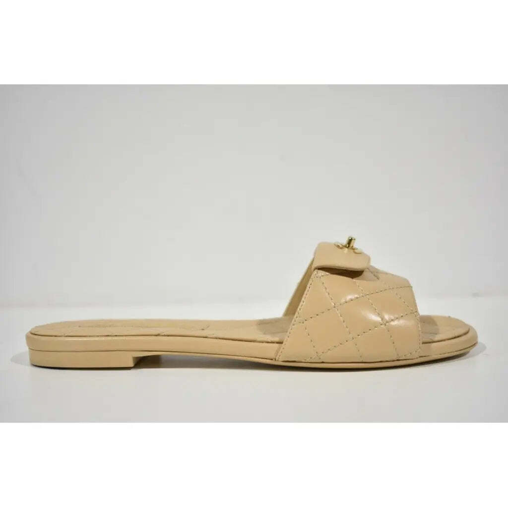 Chanel REV Beige Turnlock Quilted Gold CC Logo Mules Slide Sandal