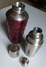 VTG Frosted Art Glass Cocktail Shaker Metal Top Art Deco Red 20oz