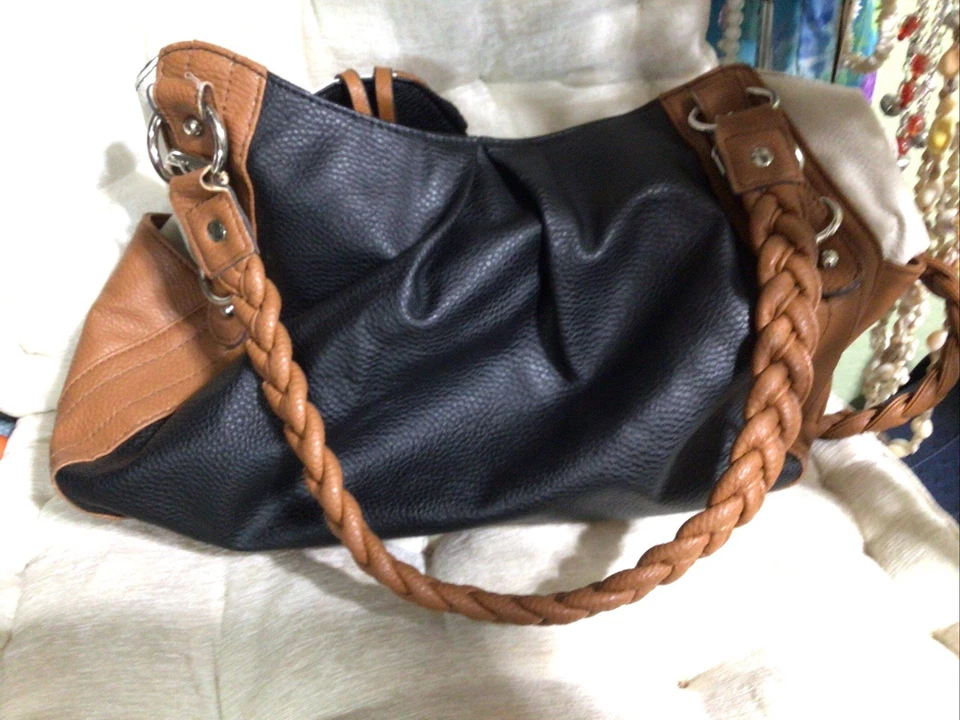 Apt 9 Mujer Bolso de Hombro Bolso de Mano Negro y Marrón Correas Trenzadas Cuero Sintético Foto 3 de 4