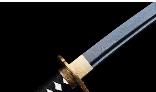 Handmade Japanese Samurai Sword Katana Blued Damascus Steel Orange Saya Brass Fi - Picture 8 of 13