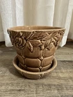 Vintage McCoy Quilted Planter Attached Saucer Brown Leaf Floral Roses MCM Retro