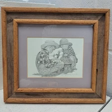 Vintage Western Art Kim Reinmuth Framed Pencil Sketch 9.5"x9.5" Signed
