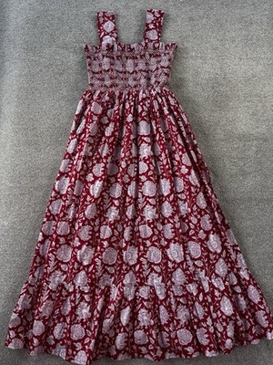 Mille Floral Maxi Dress XS Smocked Ruffle Square Neck Red White 100% Cotton