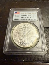 2010 $1 American Silver Eagle 1 oz .999 25th Year of Issue PCGS MS 70  105.26 per troy oz
