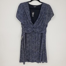 Express Polka Dot Twist Front Mini Dress Flutter Sleeve Navy Blue White Womens L