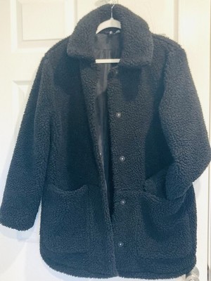H&M Women Black Teddy Fuzzy Warm Coat Jacket Patch Pockets Size M