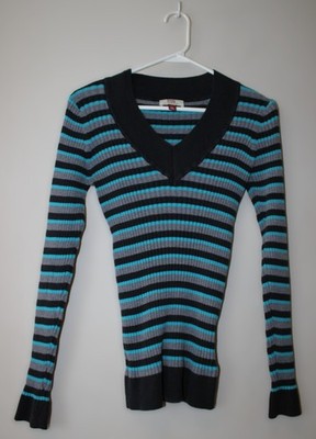 LEI Sweater Jr XL Black Gray Aqua/Teal Striped Ribbed V Neck Slim Fit Y2K-Style