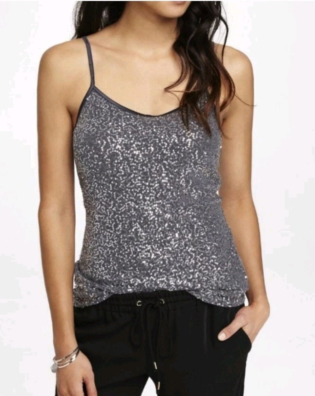 Express Sequin Adjustable Strap Gray Silver Cami … - image 1