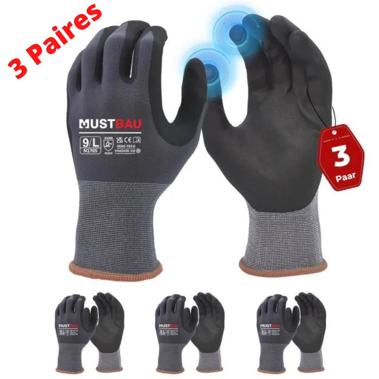 Gants de travail anti-abrasion en nitrile noir compatibles smartphones pour mécanique