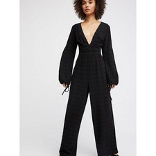 New Free People True Lovin Linen One-piece Wide-Leg Jumpsuit 128 XS Black
