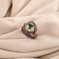 Green Amethyst Gemstone Copper Wire Jewelry Handcrafted Oval Ring For Women Gift