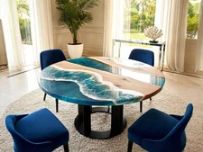 36" Handmade Blue Ocean Waves Round Dining Table Unique Resin Wood Furniture Dec