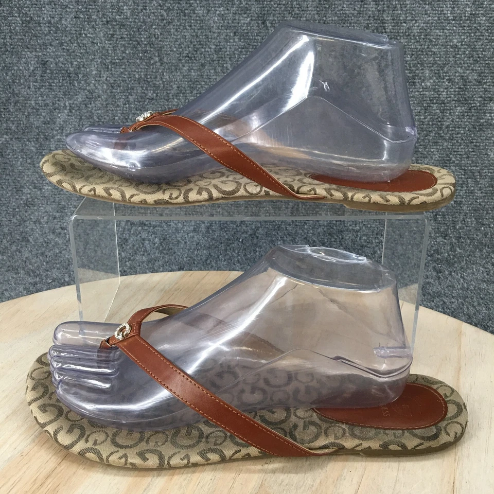 G By Guess Sandals Womens  9.5 M Thong Flats Brown Leather Signature Print - Image 2 of 4