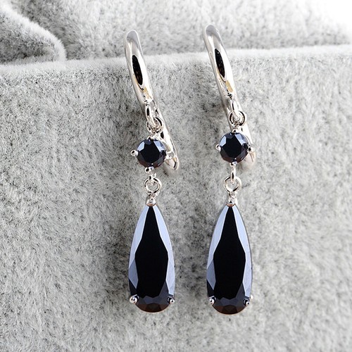 Neu mystische lange Wassertropfen schwarzer Onyx Edelsteine Silber Hänger Frauen Charm Ohrringe - Bild 1 von 6