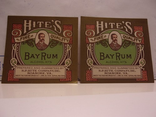 TWO VINTAGE HITE'S BAY RUM PAPER BOTTLE LABELS - NOS - EXCELLENT
