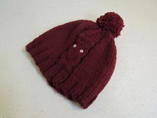 Handcrafted Beanie Owl Hat Cranberry Pom Pom 100% Merino Female Adult