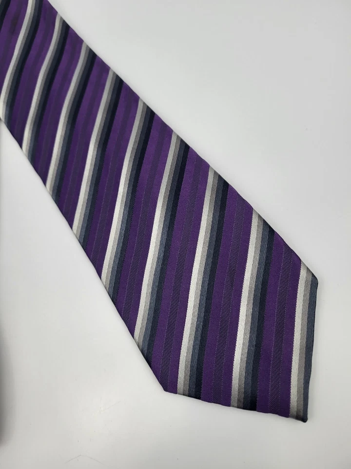 Kenneth Cole Reaction Silk Tie Purple Gray Black Stripes Men Necktie 59 x 3.3/8 - Image 3 of 4