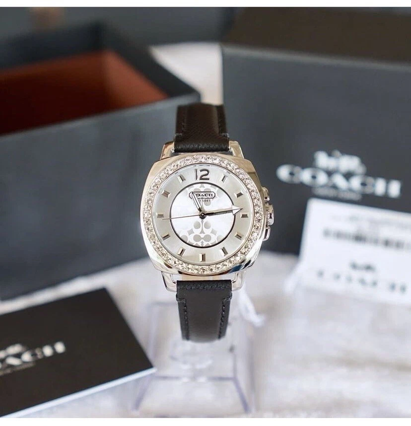 NWB 14503152 AUTHENTIC Coach Women Silver Tone BLACK Leather Strap 